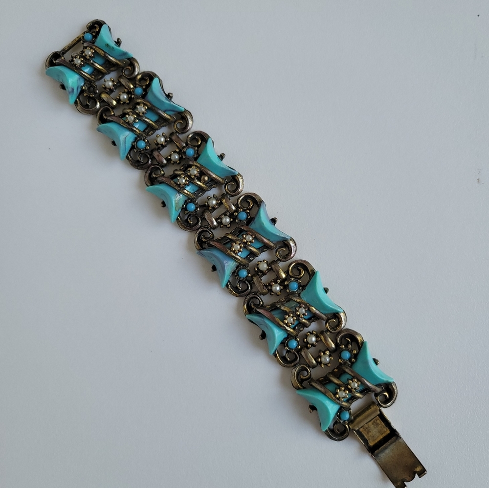 Vintage Faux Turquoise Tiles Faux Pearl Chunky Metal Link Bracelet